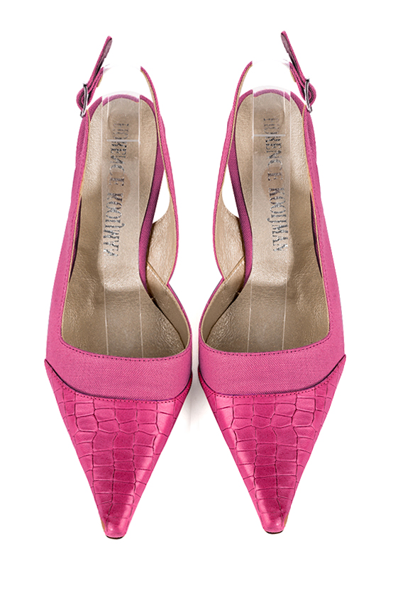 Fuschia pink women's slingback shoes. Pointed toe. High spool heels. Top view - Florence KOOIJMAN